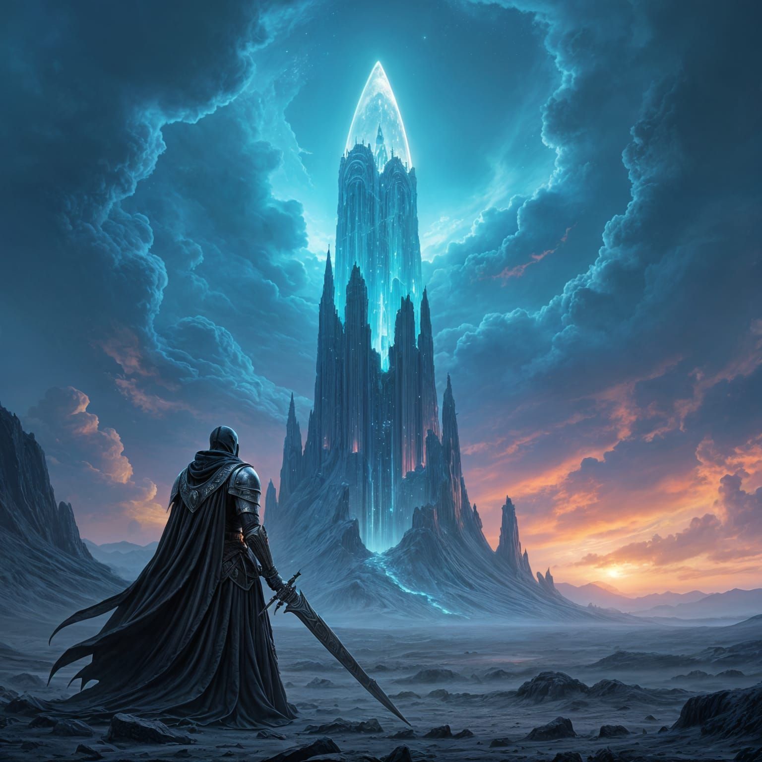 Knight Gazing at Crystalline Structure in Matte Painting