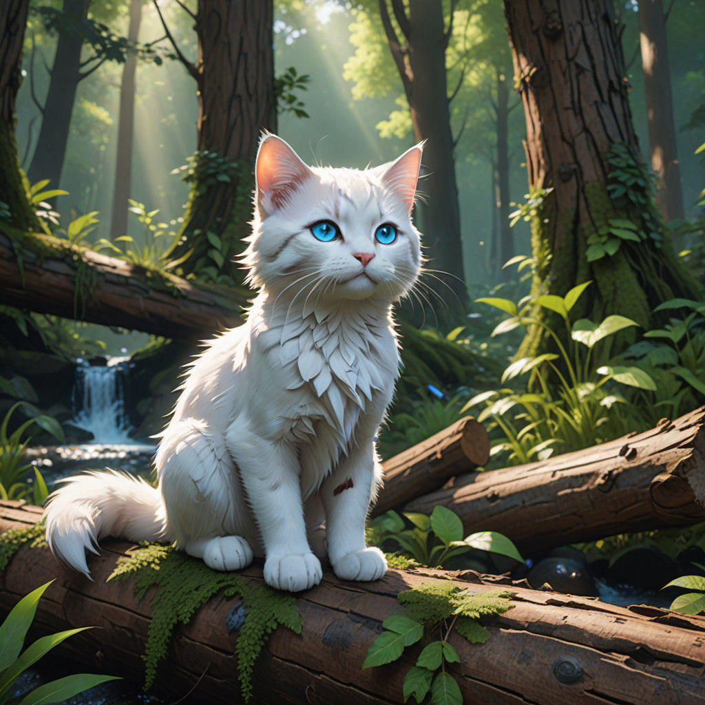 Ethereal Anime-Inspired Kitten Amidst Lush Forest