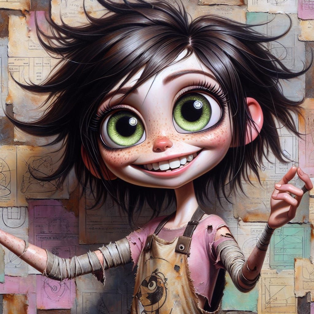 Quirky Girl in Grunge Style with Luminous Green Eyes