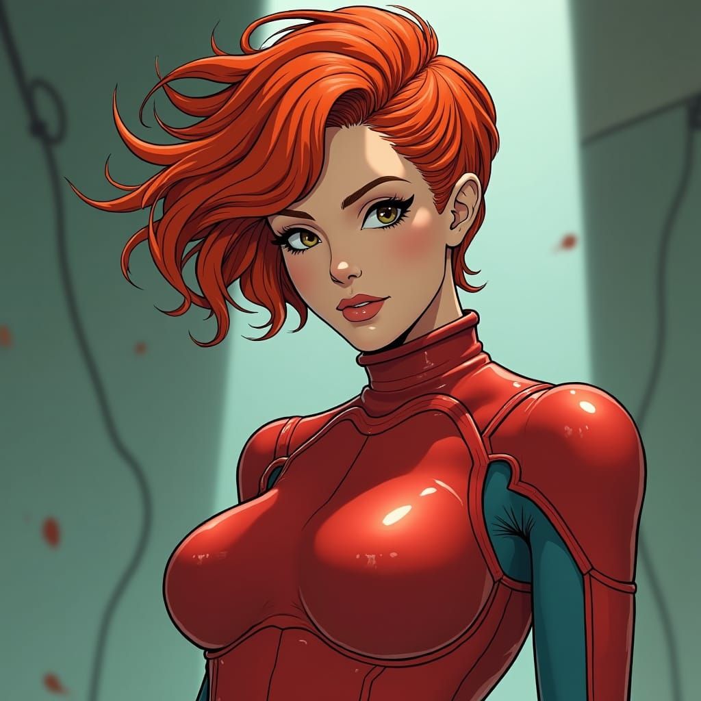 Dynamic Female Hero in Crimson Sci-Fi Style