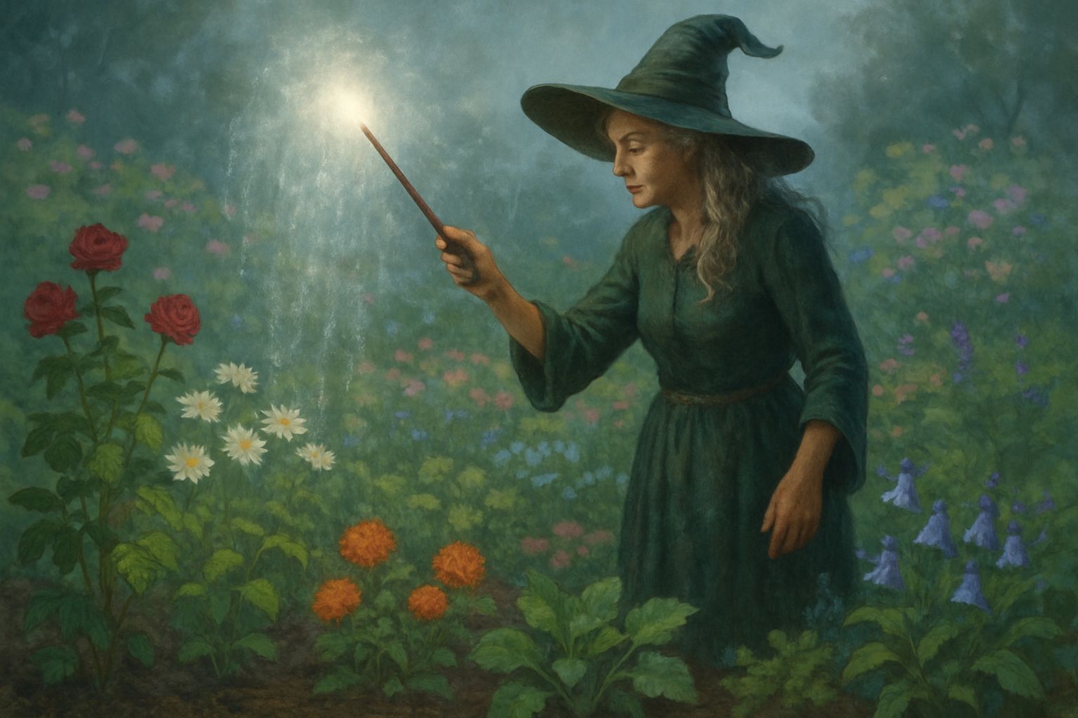 Witch Tending Magical Garden with Wand