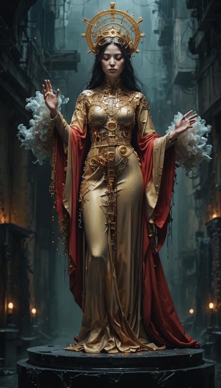 Melancholic Figure Dissolving into Byzantine Industrial Wall