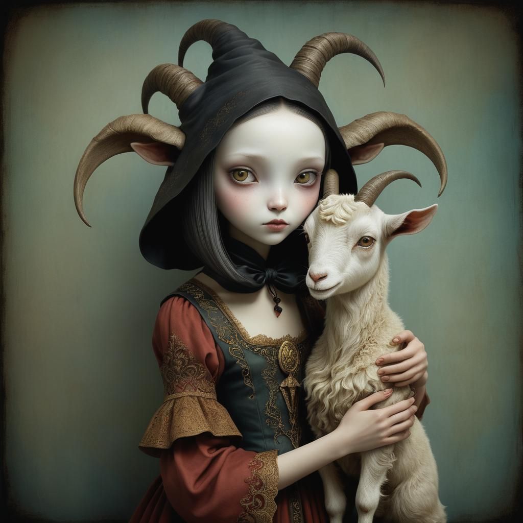 Vintage Photo of Shadowed Woman with Goat