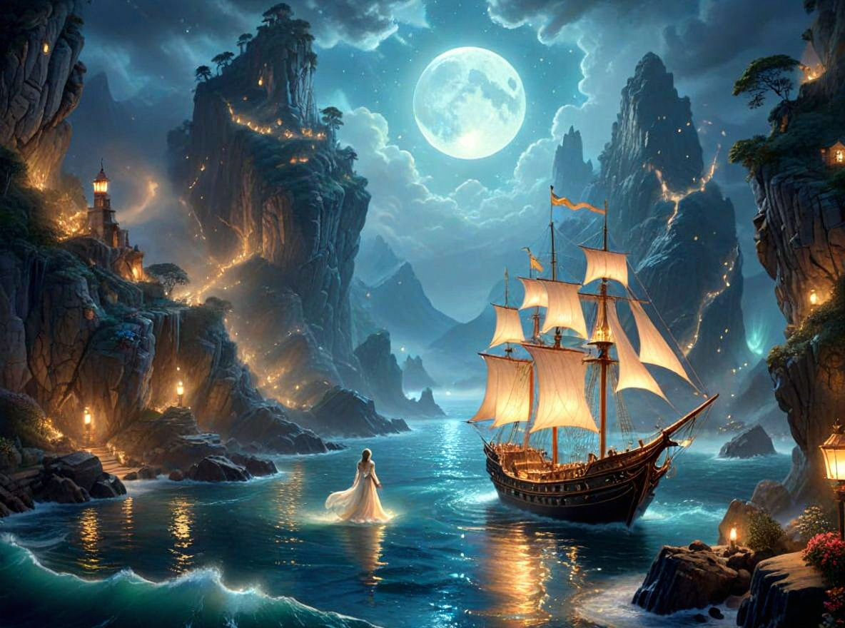 Elven Farewell at Moonlit Shore: Fantasy Galleon