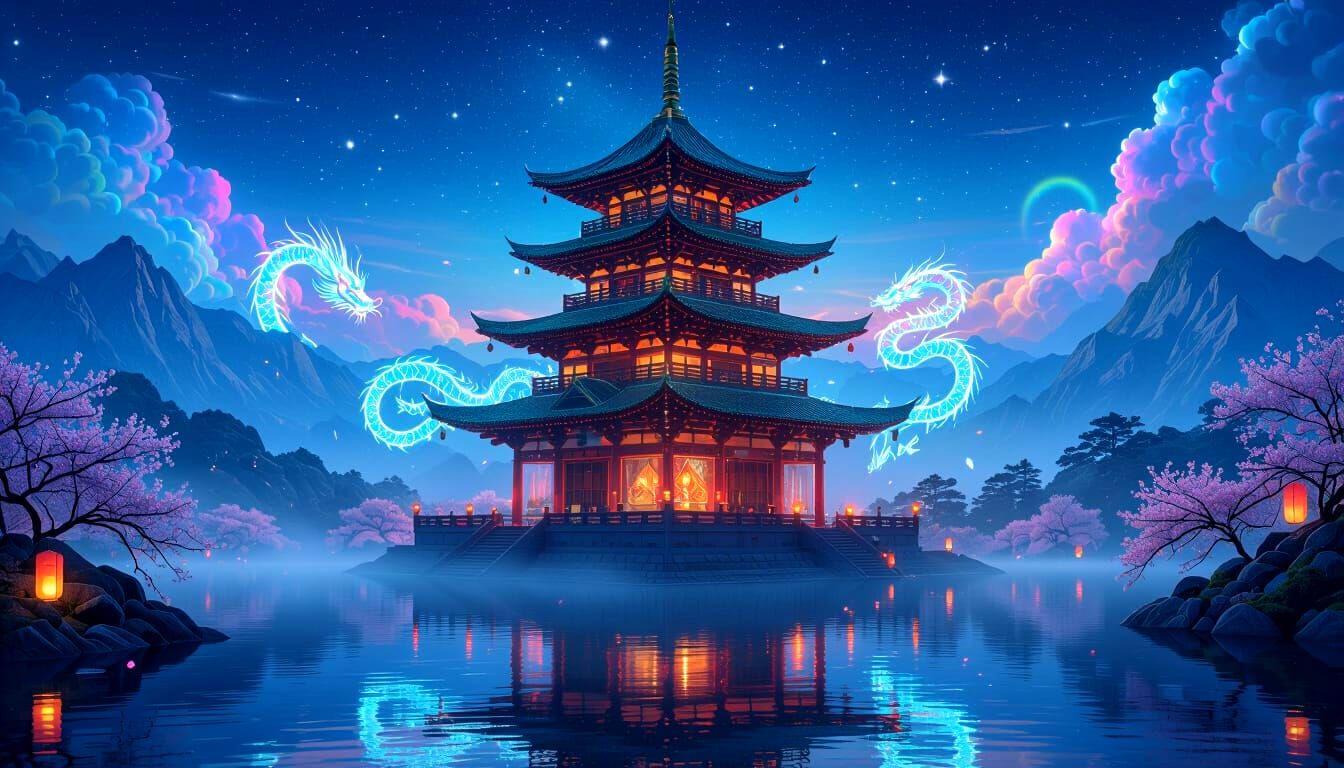 Crystal Pagoda Amidst Mountains Under Starlit Sky