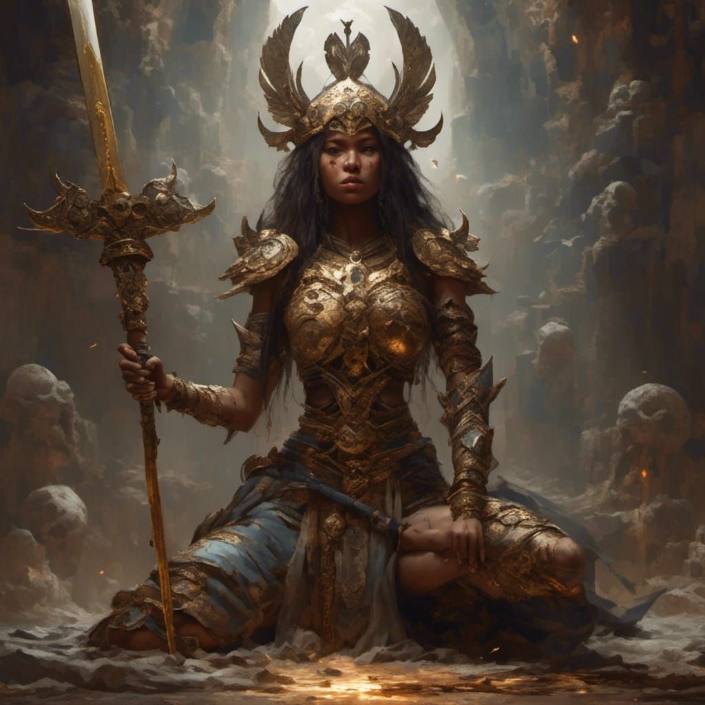 Warrior Woman Praying with Sword and Shield