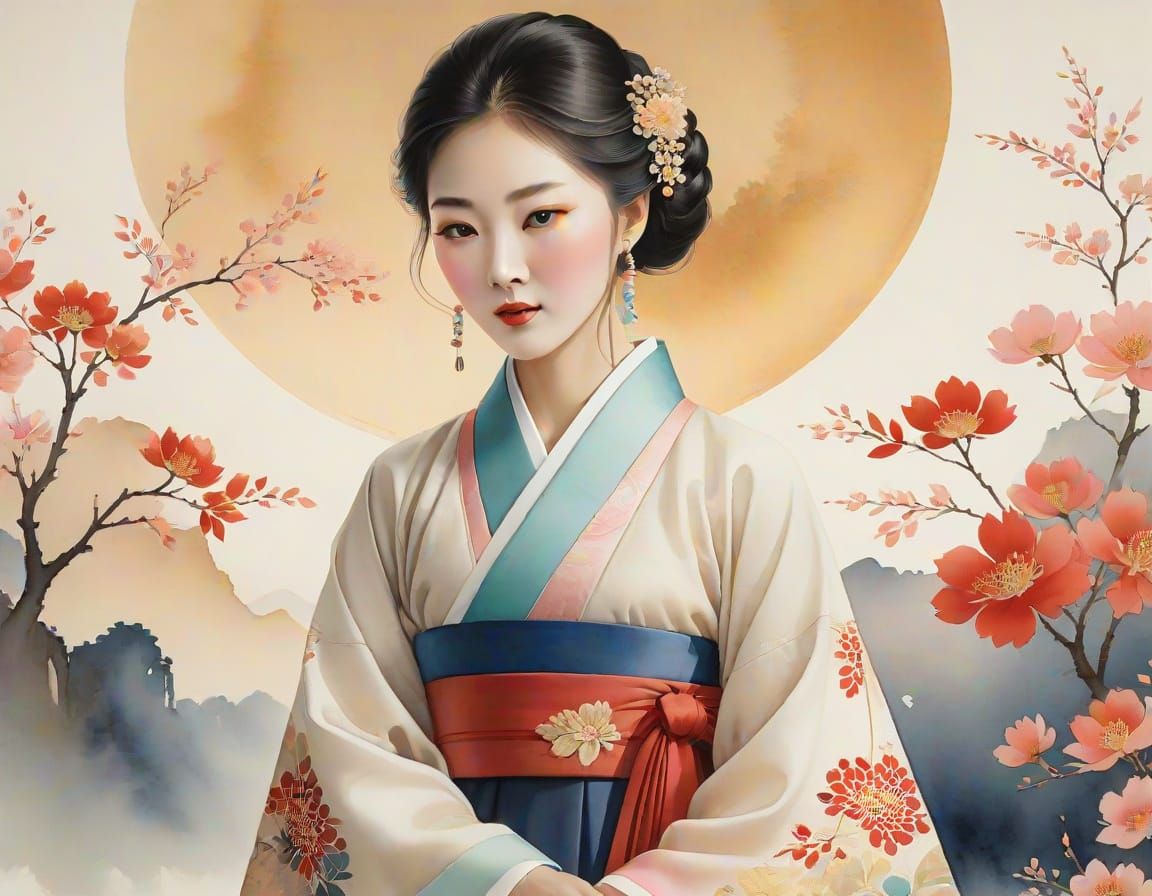 Serene Korean Woman in Traditional Folk Art Style