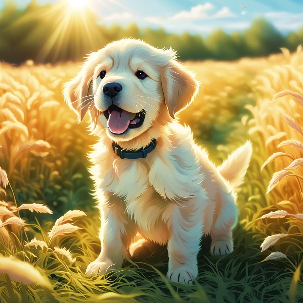 Golden Retriever Puppy Playing in Sunlit Field, Manga Style