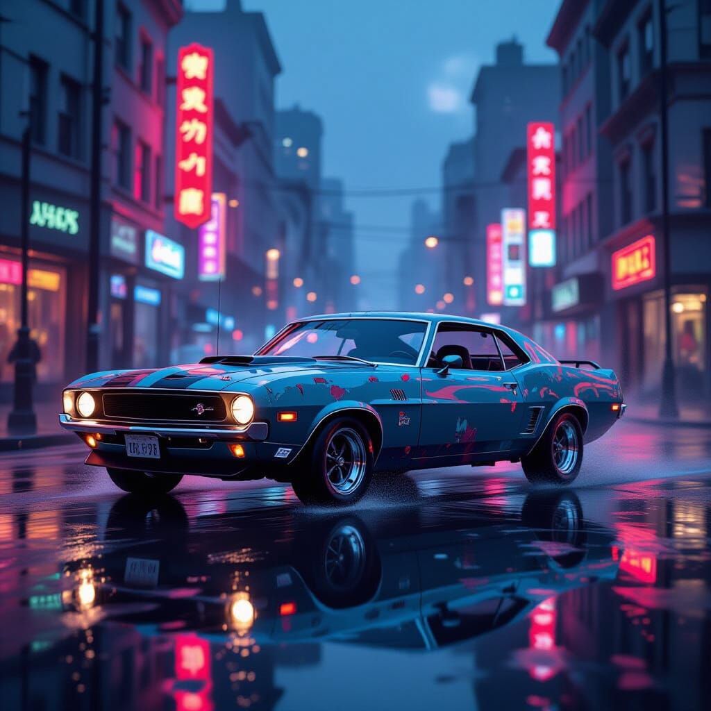 Vintage Muscle Car on Rainy Twilight Street as Impressionist...