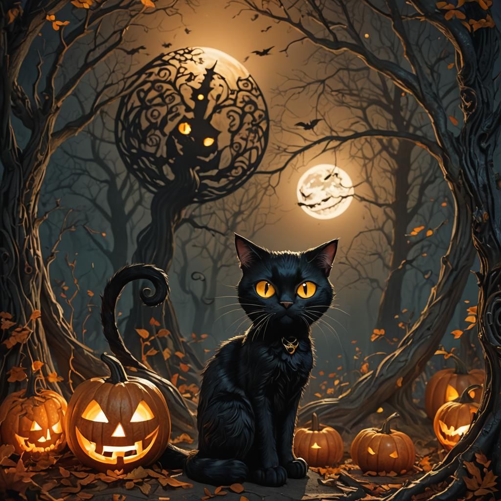 Black Cat on Pumpkin in Gothic Autumn Forest