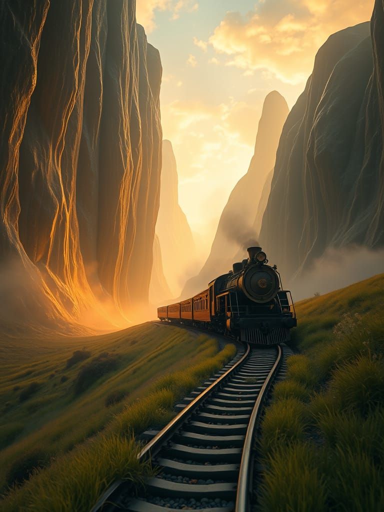 Surreal Crystal Hills with Majestic Brass Steam Train