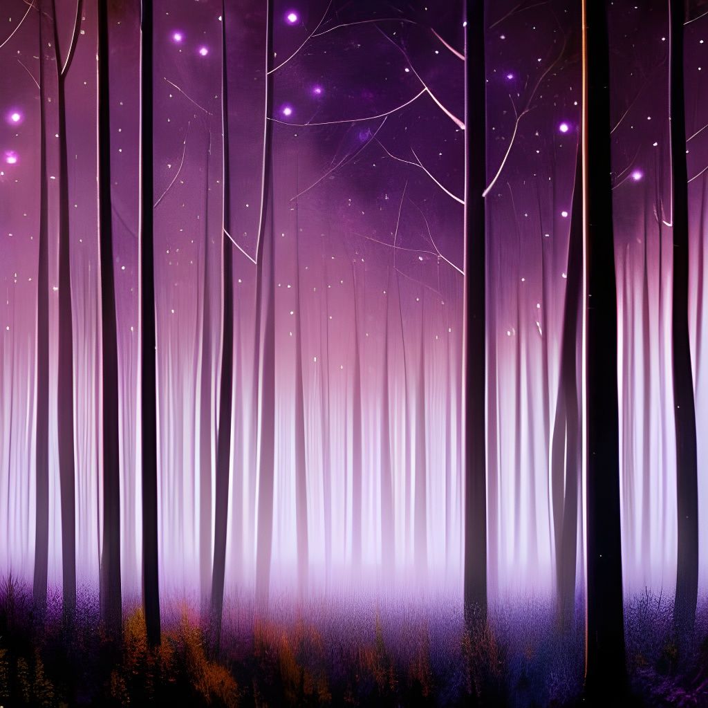 Ethereal Forest Under Purple Starry Sky as Oil Painting
