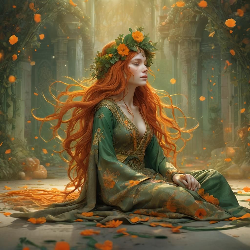 Woman with Floral Skin and Orange Hair
