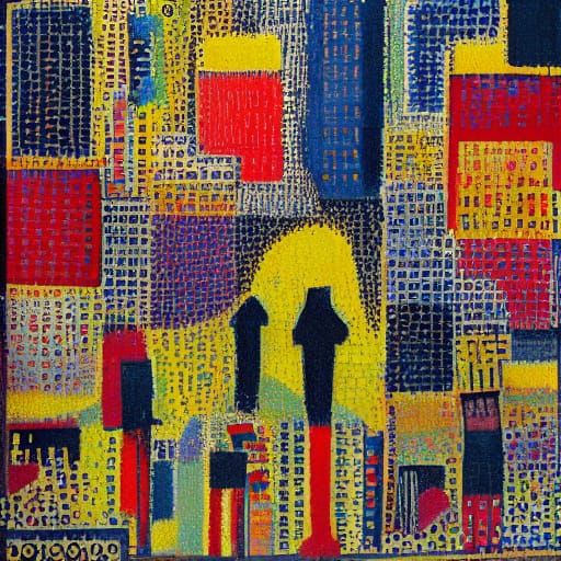 Detroit Urban Scene in Pointillist Style