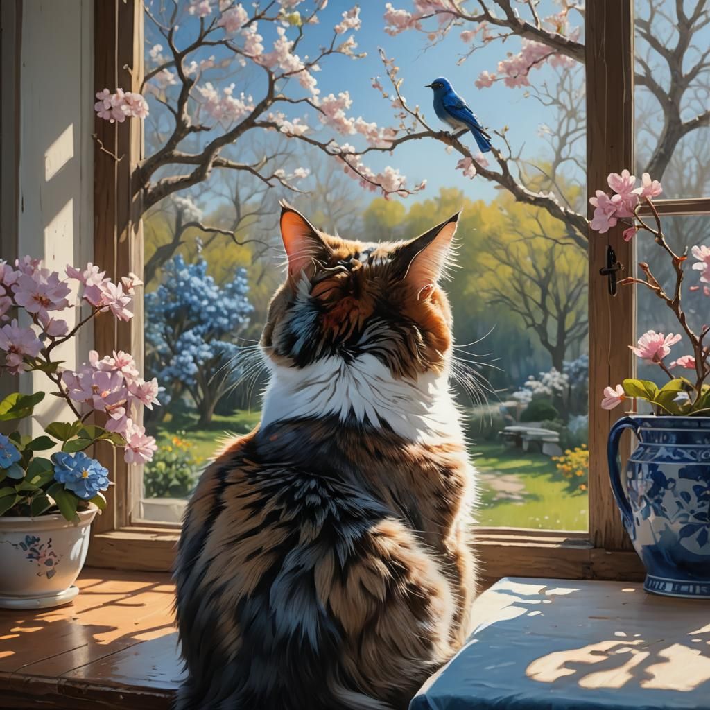 Cat Watching Bird, Hyperrealistic Splash Art