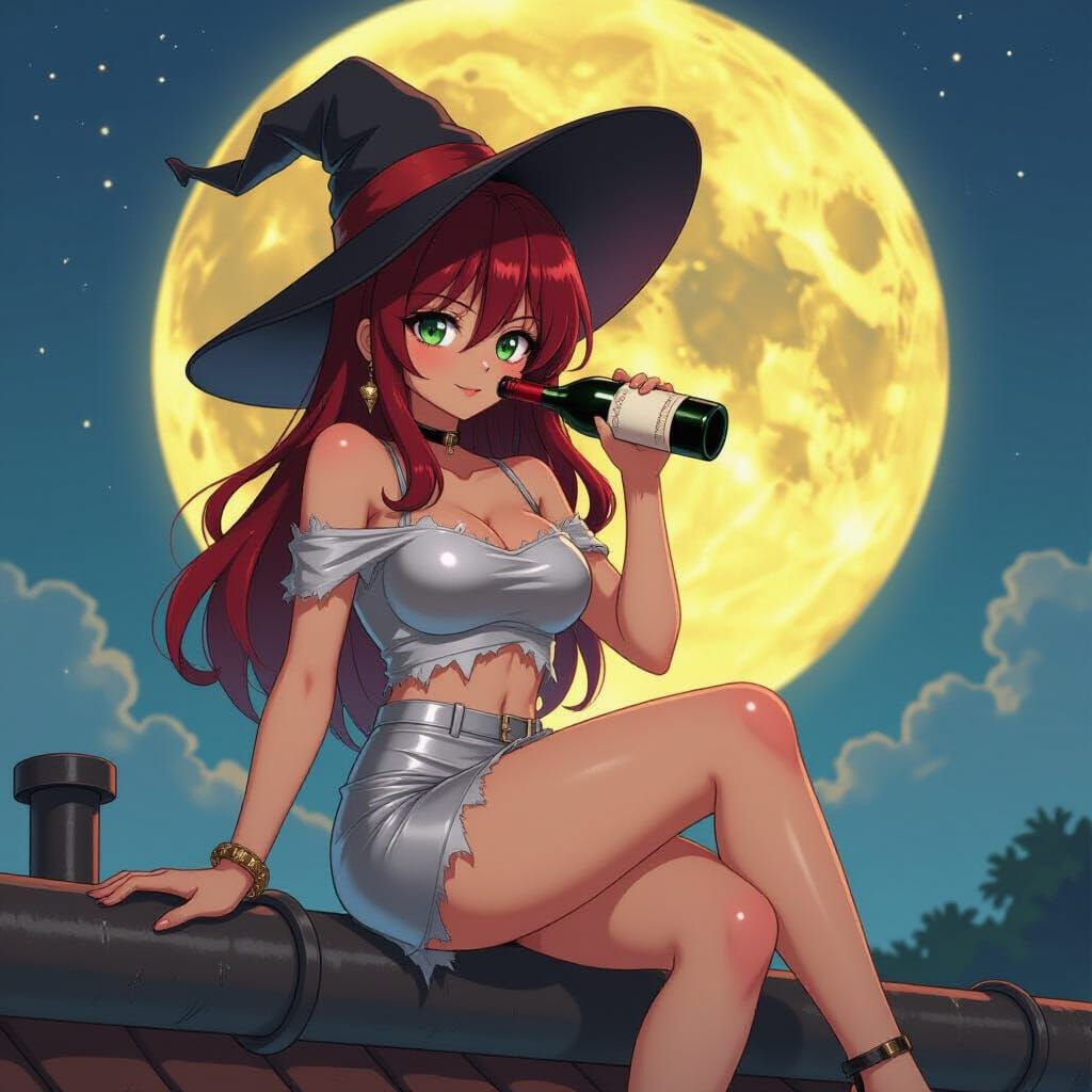 Anime Woman on Rooftop Under Moon in Studio Trigger Style