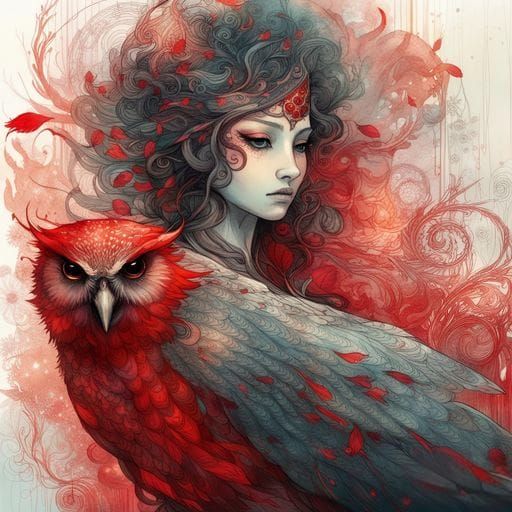 Fantastical Red and Black Owl with Fractals