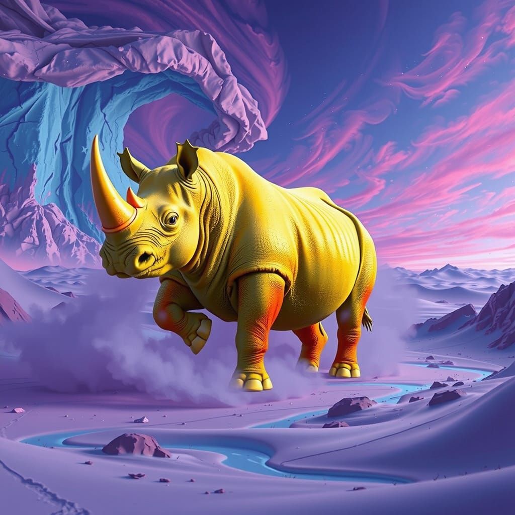 Surreal Rhino in Vibrant Green and Orange