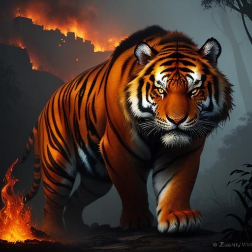 Fiery Tiger in Mystical Jungle Temple