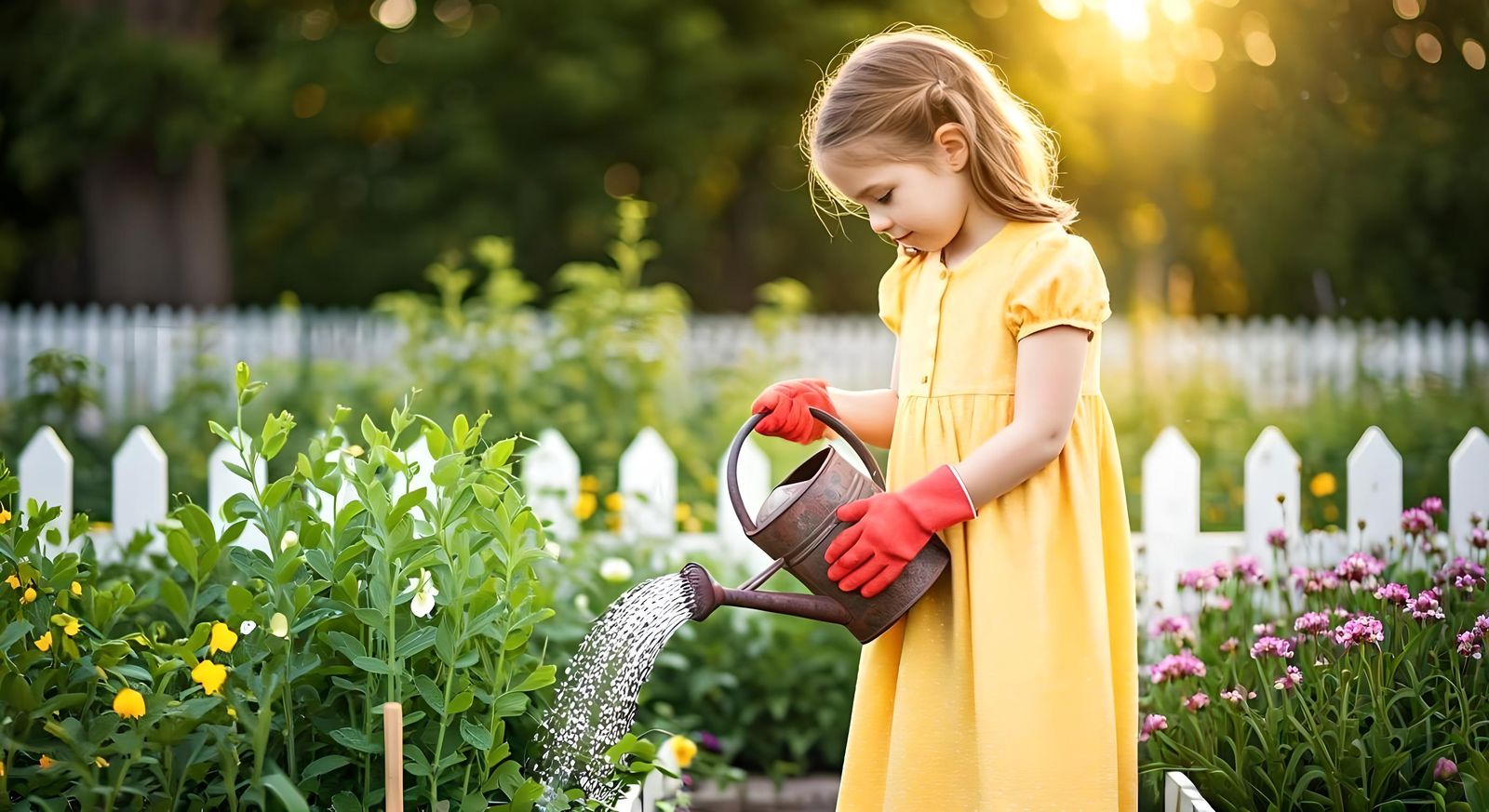 Girl Watering Peas in Garden