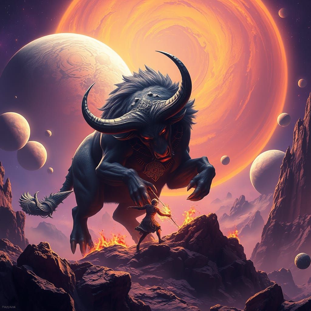 Majestic Dark Fantasy Minotaur in Cosmic Landscape