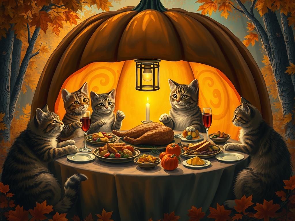 Feline Family Feast in Pumpkin, Arthur Rackham Style