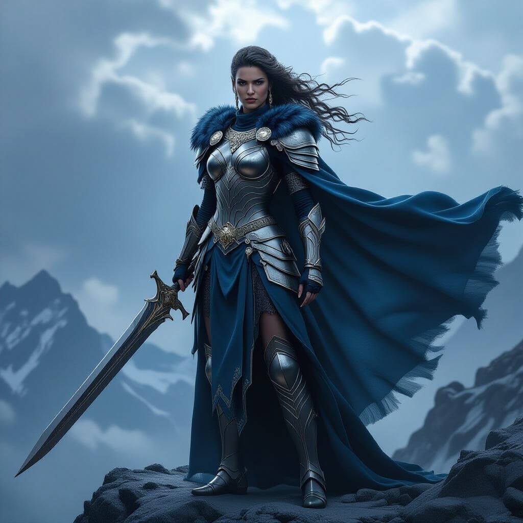 Warrior Queen on Mountain Peak in Epic Fantasy Style