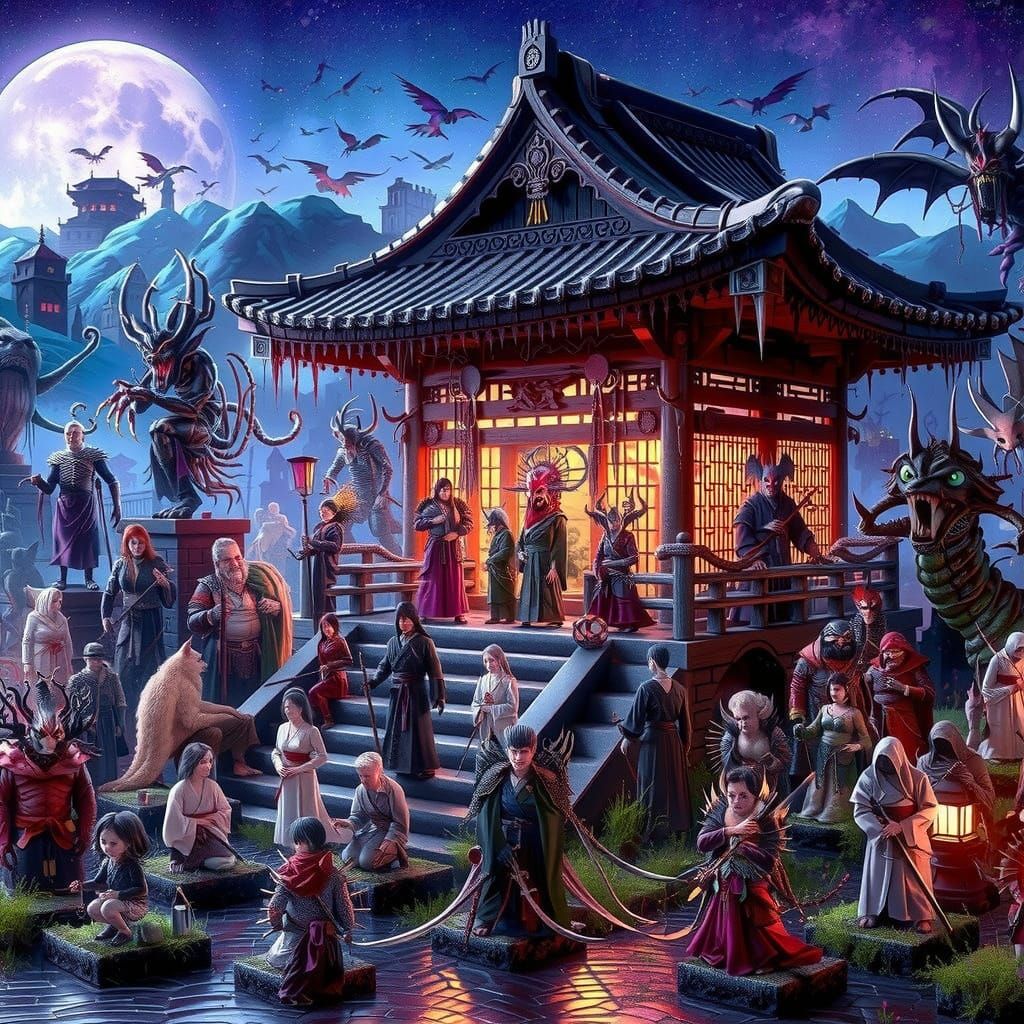 Twisted Cityscape with Mythical Creatures in Gothic Horror S...