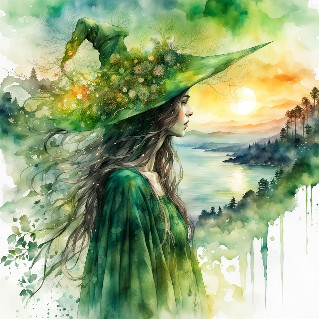 Green Witch Summerscape in Watercolor Fairytale Style