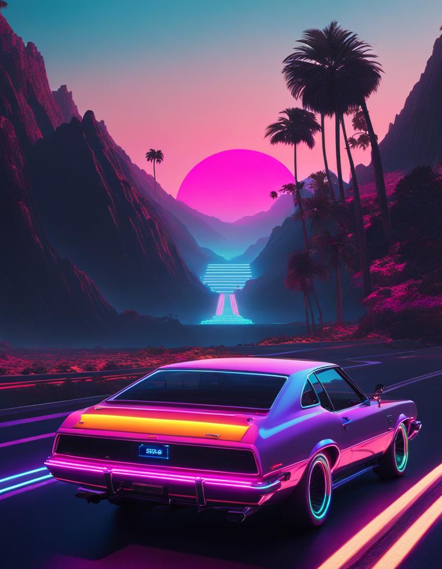 Vaporwave Car on Open Road in Neon Colors