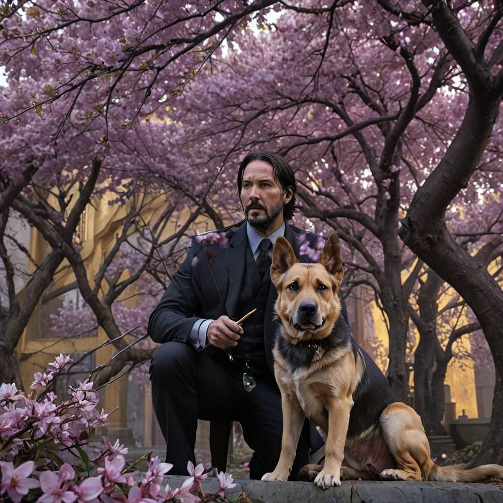 John Wick Portrait with Puppy in Dark Fantasy Style