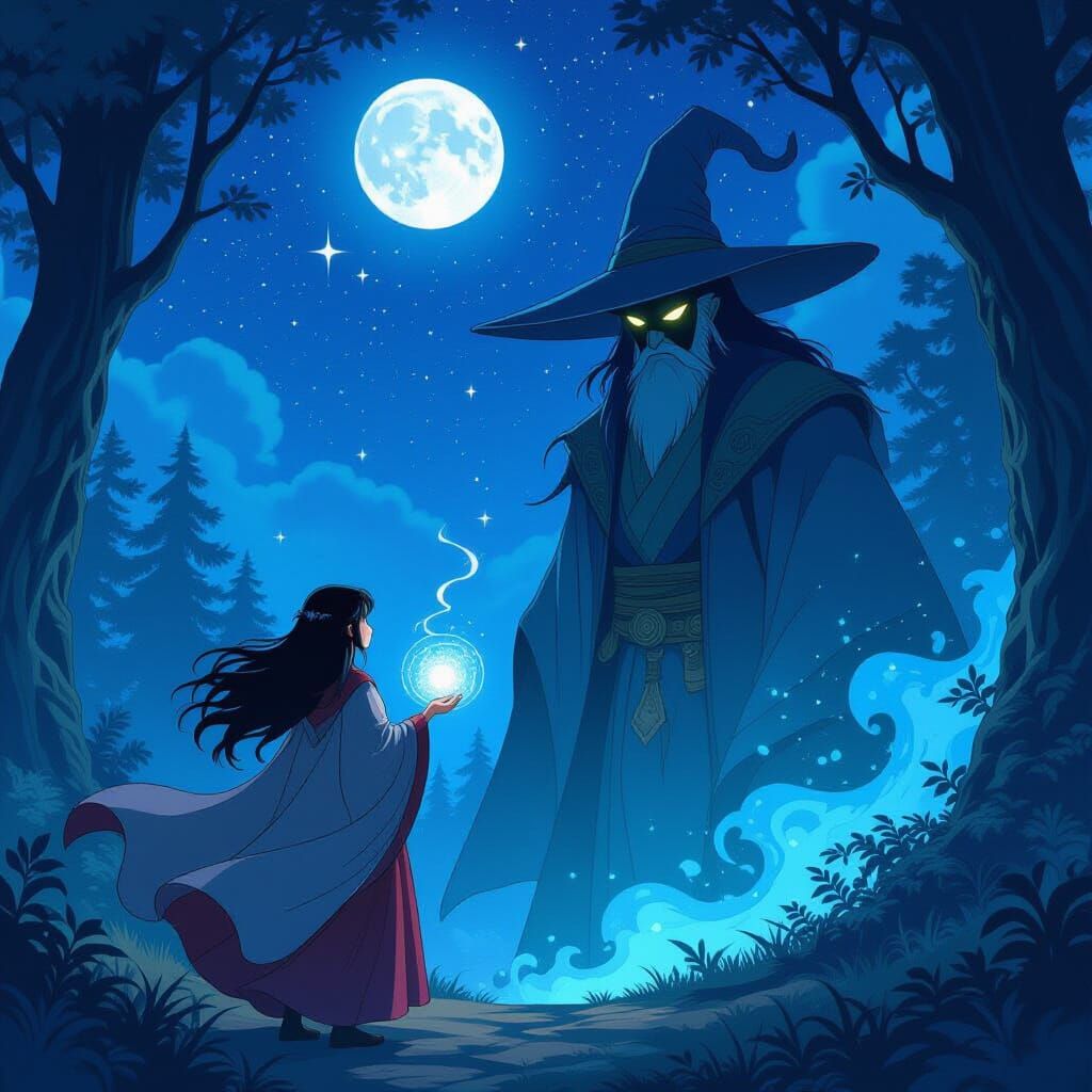 Young Mage Meets Sorcerer in Moonlit Forest