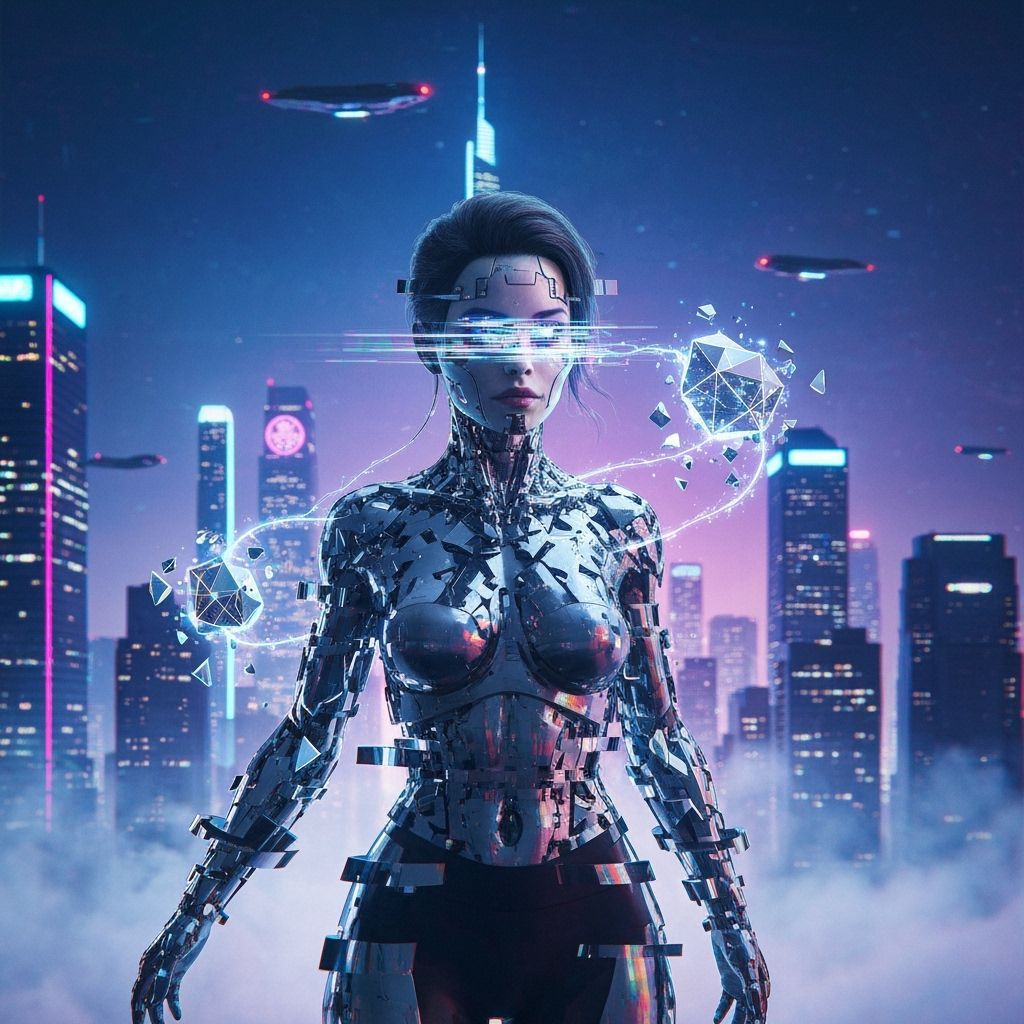 Cyberpunk Cyborg Glitch Art in Neon Cityscape