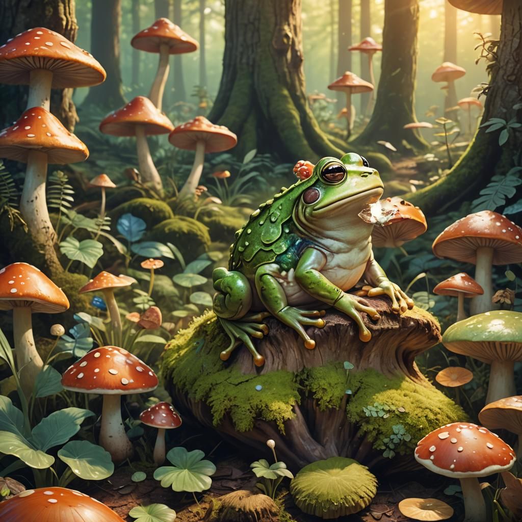 Frog Character in Forest, Whimsical Digital Art