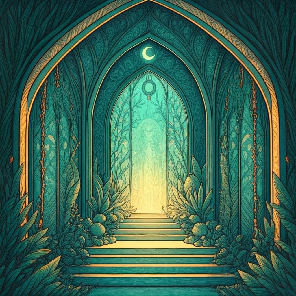 Elven Moon Goddess Temple Interior: Hand-Drawn Illustration