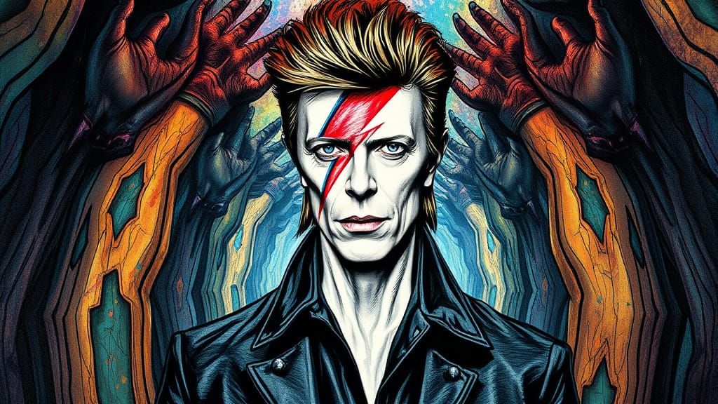 David Bowie in a Whimsical Labyrinth, Ink Drawing in Magical...