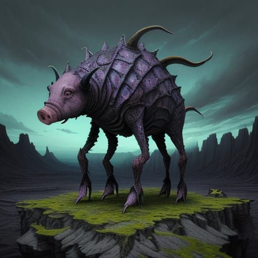 Surreal Hybrid Creature: Man, Pig, Goat, Crab