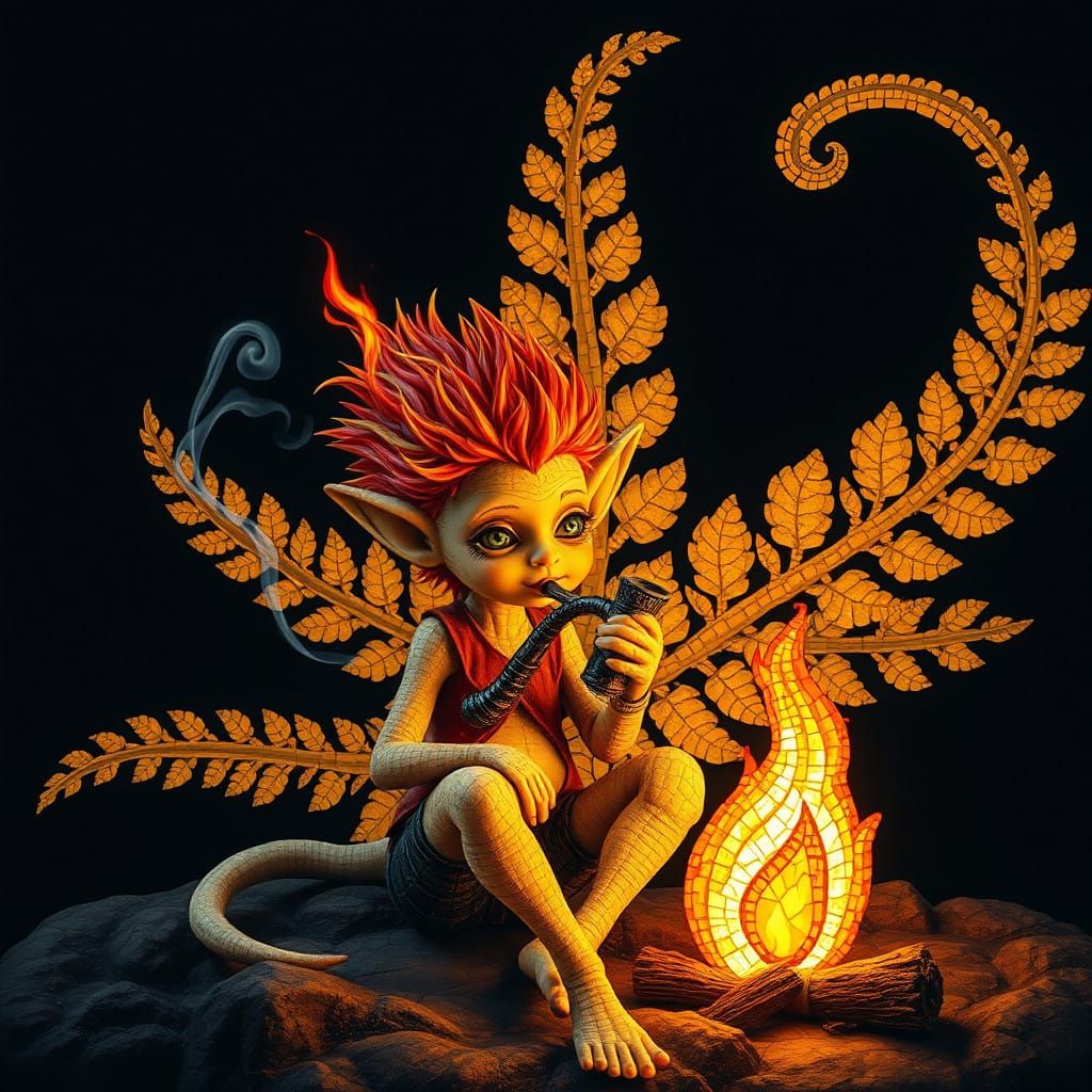 Enchanted Elf Sits by Golden Fire in Whimsical Mosaic Artwor...