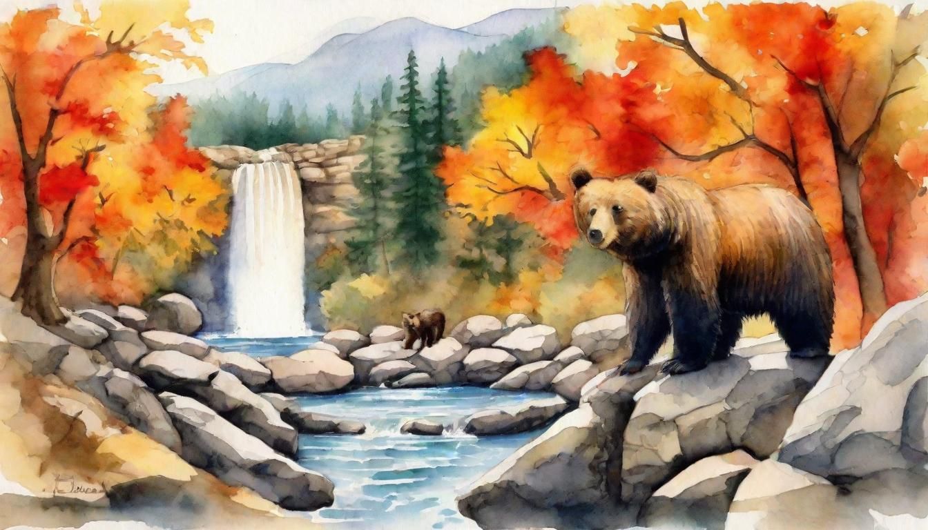 Bear Cubs Playing by Waterfall in Autumn Colors