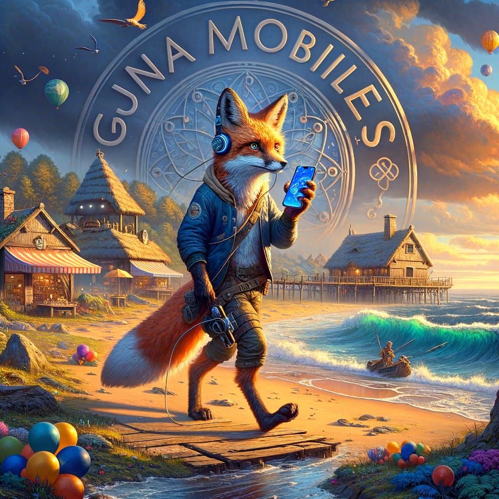 Fox with Mobile on Beach, Fantasy Concept Art Style