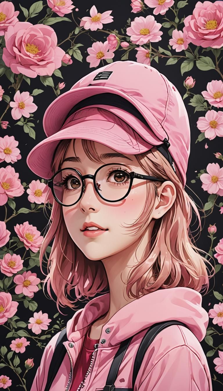 Anime Style Face with Pink Hat and Glasses