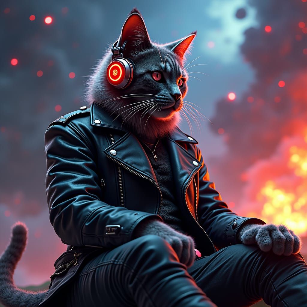 Cat in Leather Coat Listens to Metal in Space