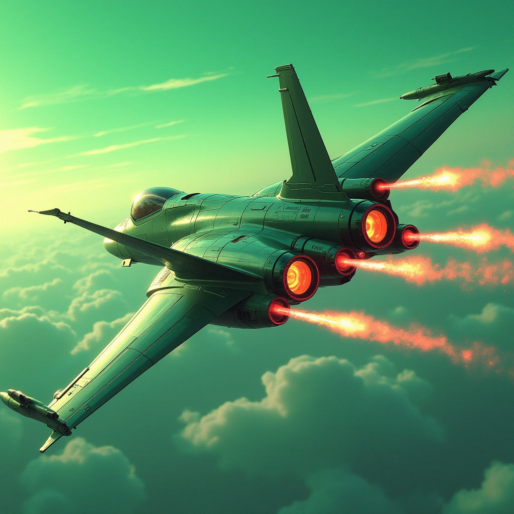 Futuristic Jet Fighter Soaring Through Electric Green Sky