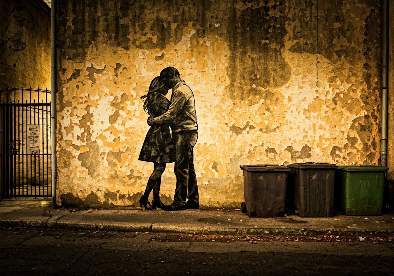 Faded Graffiti: Tender Couple in Urban Decay