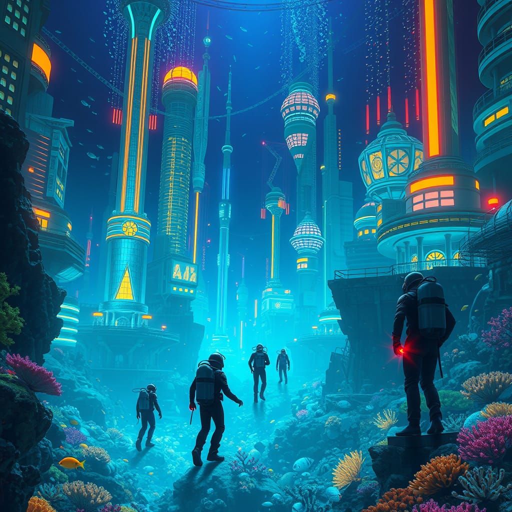 Bioluminescent Underwater Cityscape in Retro-Futuristic Styl...