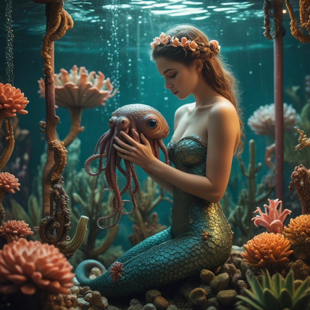 Mermaid in a Vintage Fishtank with Whimsical Creatures