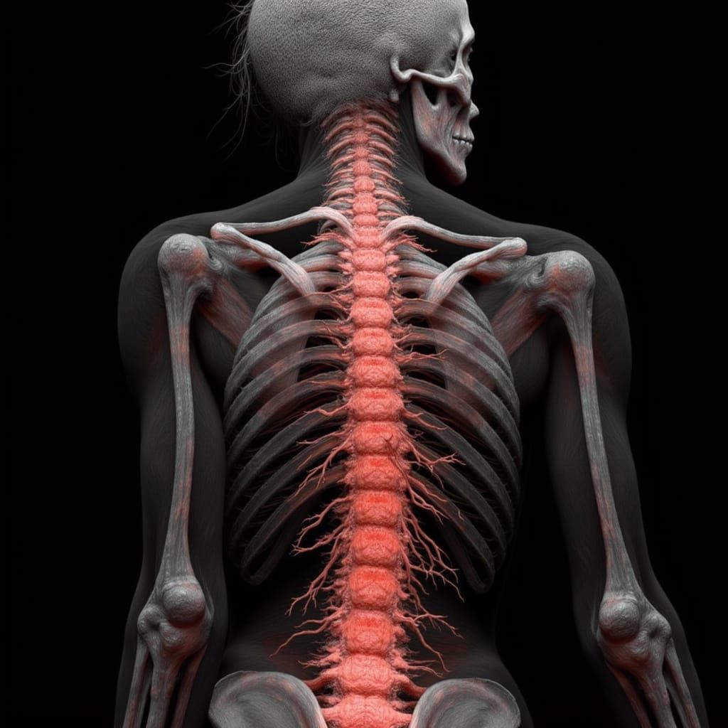 MRI Scan Reveals Herniated Disk and Nerves in Deep Colors