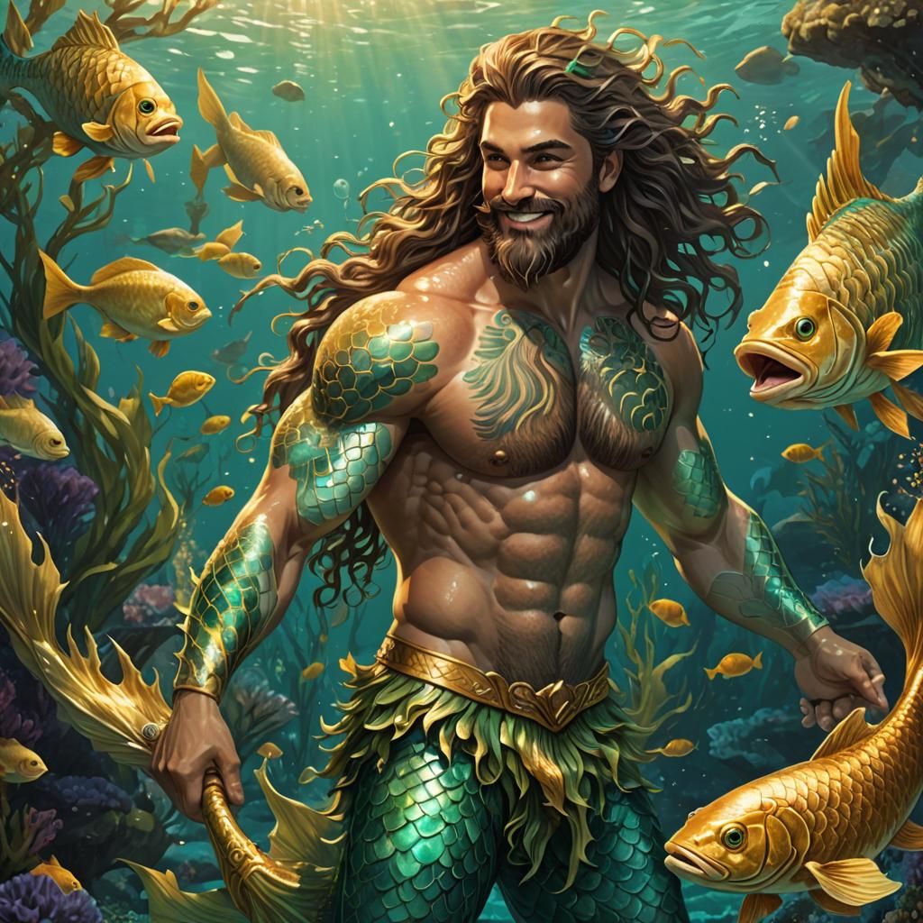 Young Merman Illustration with Turquoise Scales