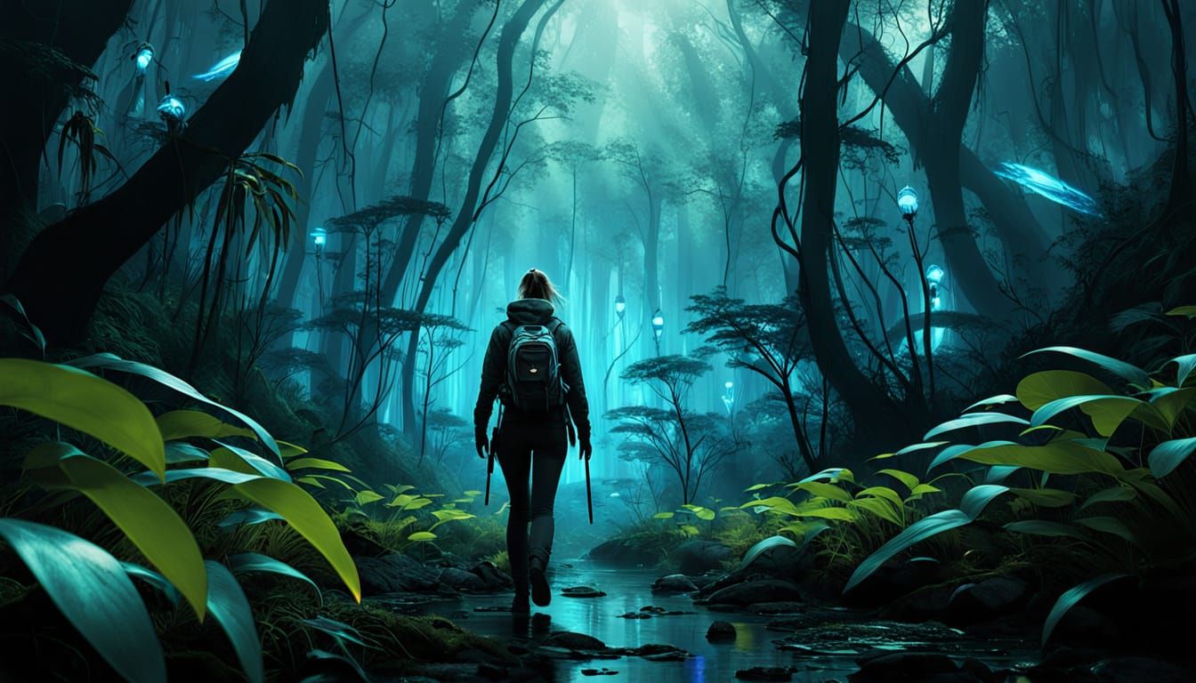 Cybernetic Explorer in Bioluminescent Jungle