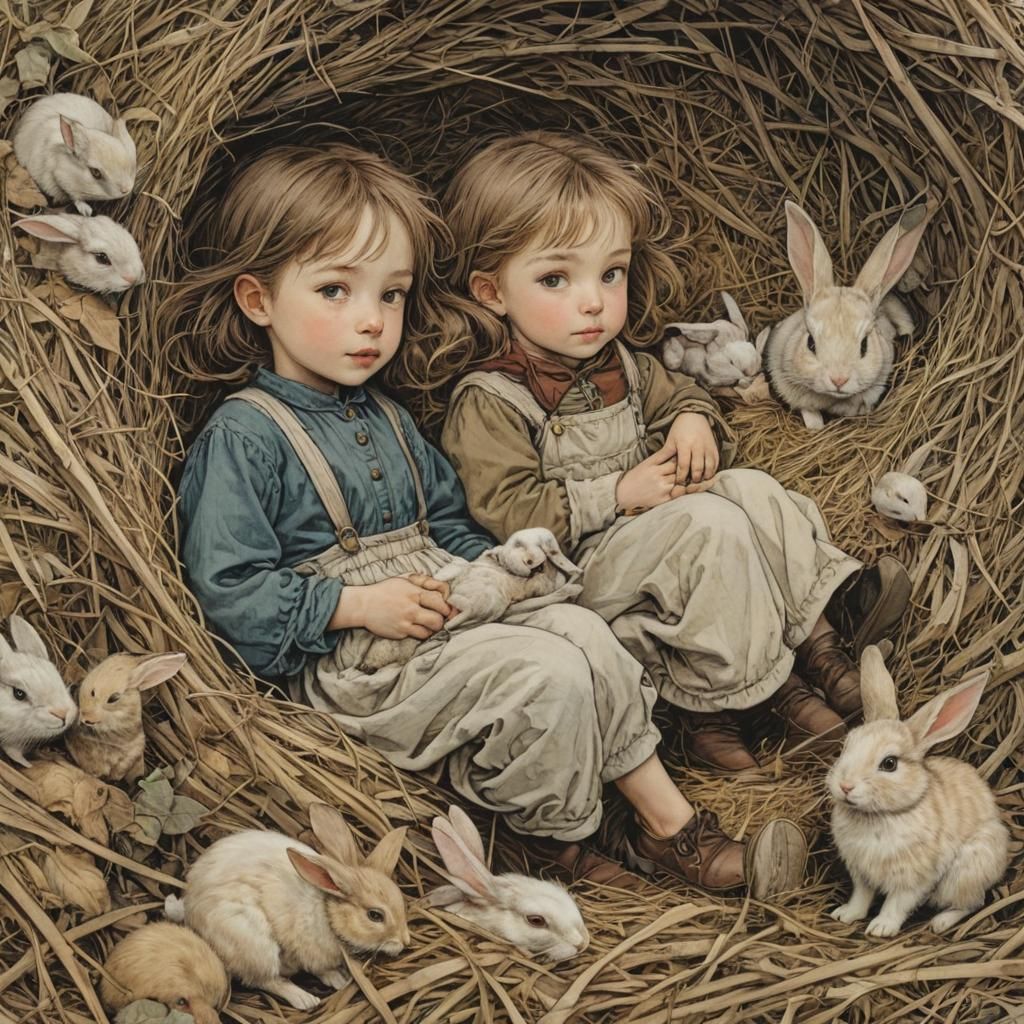 Siblings Petting Rabbits: Expressive Fantasy Illustration